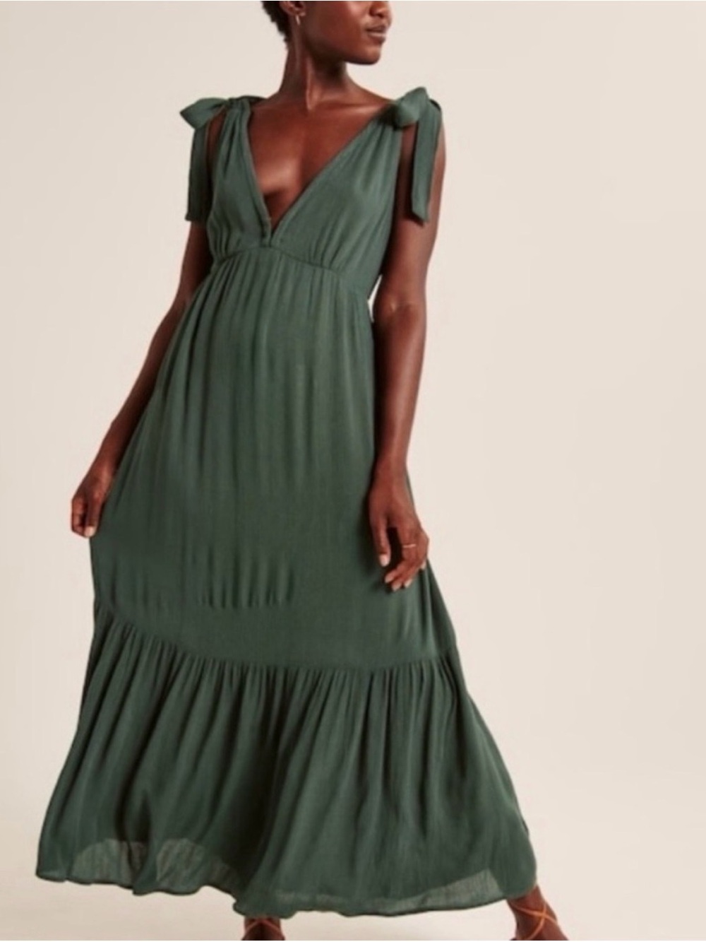 Abercrombie Tie-Shoulder Deep V Maxi Dress in Forest Green